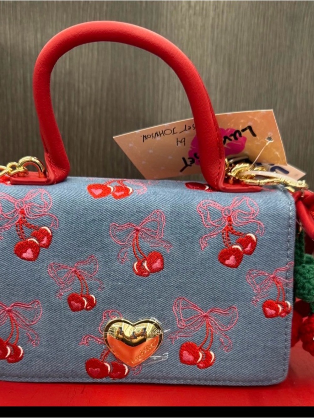 BETSEY JOHNSON Denim With Red Cherry Embroidered Hearts
